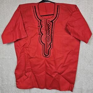 Dashiki Mens Top African Linen Multicolor Embroidered  Red Black EUC